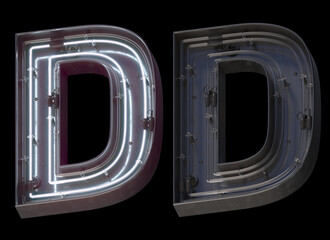 Metal neon font with On and Off. Letter D. 