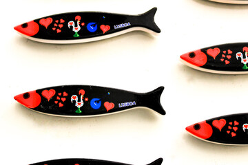 Fridge souvenir magnets imitating portuguese sardines