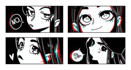 Close up of Asian female Eyes look. Black and white Manga style. Vector illustration of anime characters.