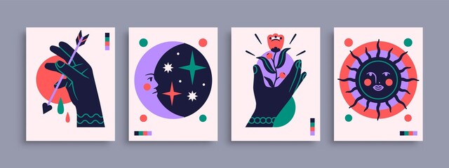 Abstract poster collection with hands, animals and abstract elements and shapes. Set of contemporary print templates. Vector illustration