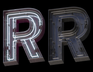 Metal neon font with On and Off. Letter R. 