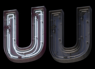 Metal neon font with On and Off. Letter U. 