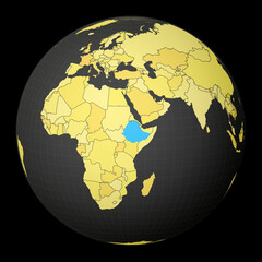 Ethiopia on dark globe with yellow world map. Country highlighted with blue color. Satellite world projection centered to Ethiopia. Awesome vector illustration.