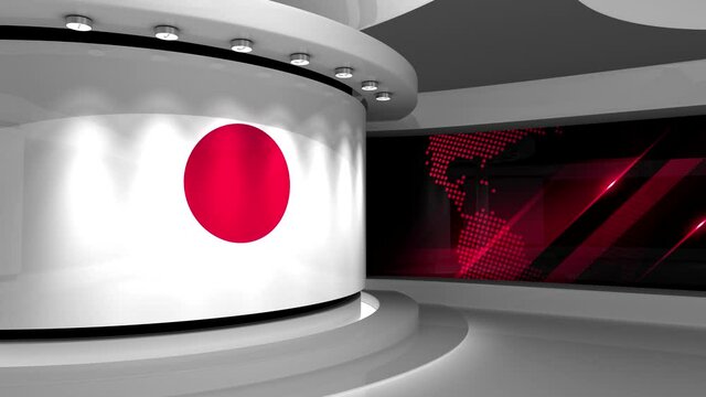 TV studio. Japanese flag background. News studio. Loop animation. Background for any green screen or chroma key video production. 3d render. 3d 