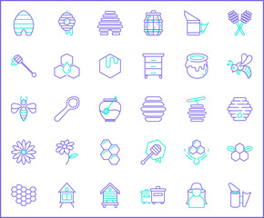 Set of bee and honey Icons line style. Contains such Icons as organic, sweet, natural, honey bee, fresh, apiary, beehive, honey jar, spoons, honeycombs And Other Elements. customize color, easy resize