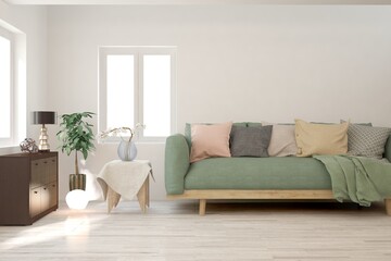 Soft color living room with sofa. Scandinavian interior design. 3D illustration