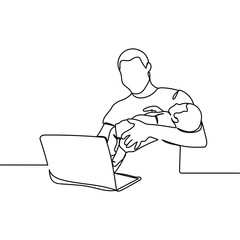 Continuous one line of father online worker and baby  in silhouette. Minimal style. Perfect for cards, party invitations, posters, stickers, clothing. Black abstract icon. Happy father's day