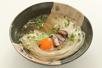 Shiitake and carrot on summer Somen flour noodles