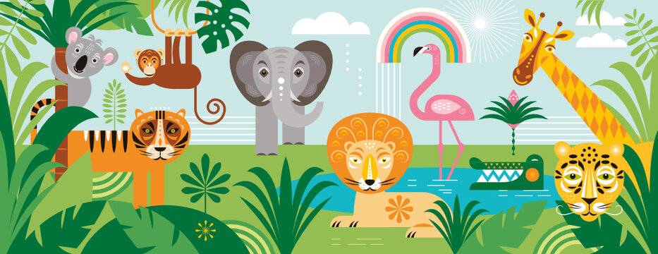 Exotic animals in tropical forest , rainforest. Inhabitants of African jungle.  Flora and fauna. Cartoon vector illustration, horizontal banner. Palm leaves, thickets. Panoramic view