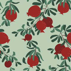 Seamless vector pattern. Red pomegranate fruit on a branch with leaves. Simple abstract shapes, minimalism. Fruit harvest. Vector background for cover, print for clothes, textiles