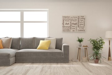 White living room with sofa. Scandinavian interior design. 3D illustration
