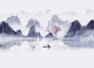 Hand painted Chinese style blue landscape painting