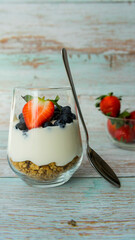 Delicious and healthy breakfast. Greek yogurt, muesli, fresh berries. Proper nutrition