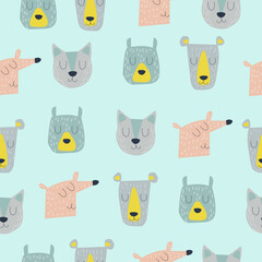 seamless pattern with hand drawn cute animal heads. . Vector texture in childish style great for fabric and textile, wallpapers, backgrounds, cards design