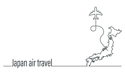 Japan air travel. Passenger plane and japan map on white background.