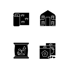 Gardening store categories black glyph icons set on white space. Greenhouses for growing plants during cold year period. Sod rolls for fields. Silhouette symbols. Vector isolated illustration
