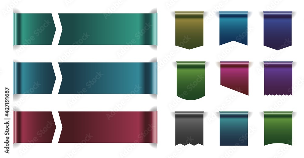 Poster horizontal and vertical tag ribbon tape with copy space set. silk bookmark with empty blank place fo