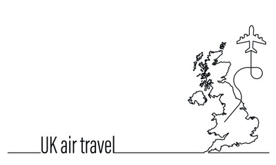 Obraz premium UK air travel. Airplane route, dotted line shape and fast road,Background template with place for text,vector illustration.