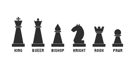 Set of black chessmen on white background. Silhouettes of chess pieces. Vector flat illustration