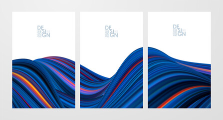 Set of three blue color flow poster backgrounds. Modern design.