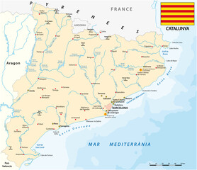 vector map of spanish region of Catalonia with flag - obrazy, fototapety, plakaty