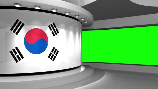 TV studio. Korea. Korean flag. Green screen background. News studio.  Loop animation. Background for any green screen or chroma key video production. 3d render. 3d 