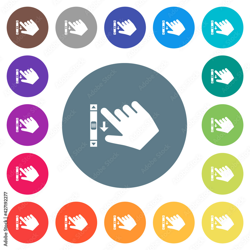 Poster right handed scroll down gesture flat white icons on round color backgrounds