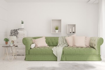 White living room with sofa. Scandinavian interior design. 3D illustration