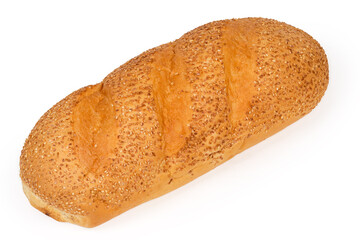 Whole oval wheat bread sprinkled with sesame on white background
