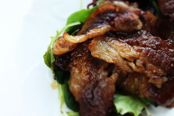 Korean food, grilled marble beef with lettuce for gourmet comfort food