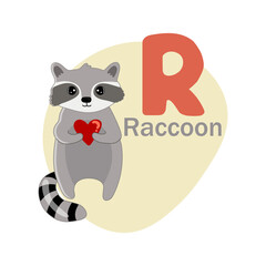 Animals alphabet. Cute raccoon isolated on white background. Vector illustration for teaching children learning a foreign language. Letter r
