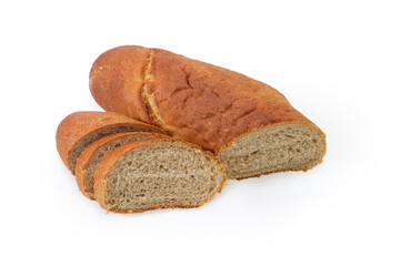 Partly sliced gray bread on a white background