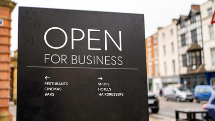 Open for Business sign in UK Regency Town Centre