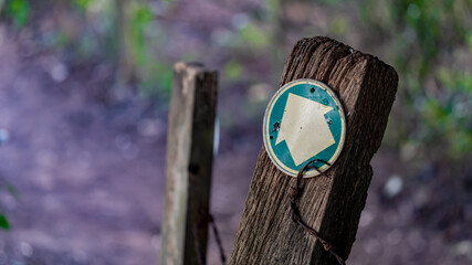 Close up of an Old worn footpath sign in the middle of a wood