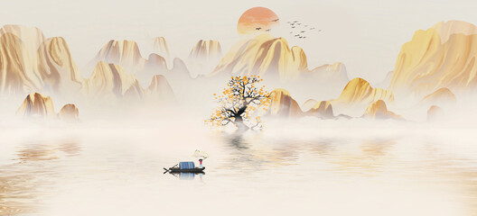 Hand painted Chinese style golden Abstract landscape painting © 心灵艺坊