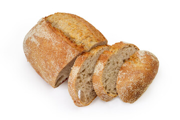 Partly sliced wheat unleavened bread with bran on white background