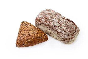 Dark brown bread and triangular bread sprinkled with different seeds