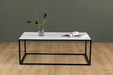 large modern marble and steel coffee table photography in a studio with flowers, vase and a magazine as props isolated on green wall and wooden floor