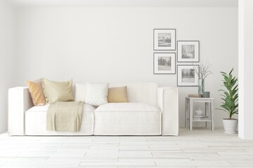 Soft color living room with sofa. Scandinavian interior design. 3D illustration