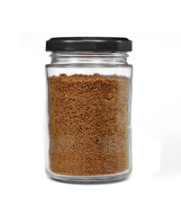 Sweet coconut sugar in a transpatent jar isolated on white background.
