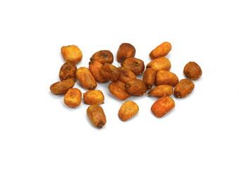 Pile of toasted salted corn on a white background. Salted roasted corn with chili pepper.
