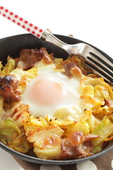 Korean food, cabbage and pork stir fried with egg