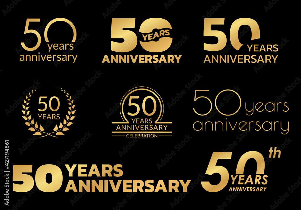 Wall mural 50 years anniversary icon or logo set. 50th birthday celebration golden badge or label for invitation card, jubilee design. Vector illustration.