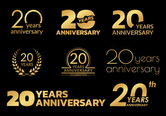 20 years anniversary icon or logo set. 20th birthday celebration golden badge or label for invitation card, jubilee design. Vector illustration.