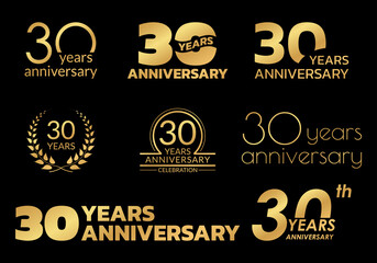30 years anniversary icon or logo set. 30th birthday celebration golden badge or label for invitation card, jubilee design. Vector illustration.