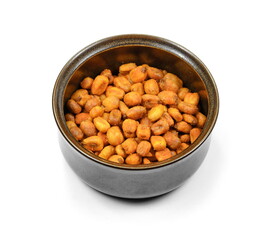 Pile of toasted salted corn in a bowl on a white background. Salted roasted corn with chili pepper.