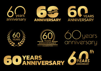60 years anniversary icon or logo set. 60th birthday celebration golden badge or label for invitation card, jubilee design. Vector illustration.