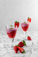 Strawberry and Strawberry Smoothie. Strawberry dessert. Light gray background. Place for your text.