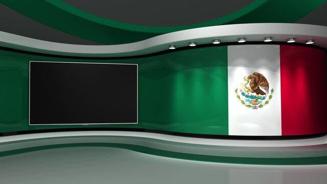Mexico. Mexican flag. TV studio. News studio.  Loop animation. Background for any green screen or chroma key video production. 3d render. 3d 