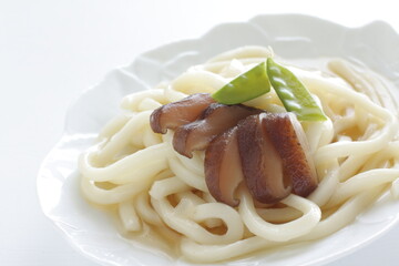 Japanese food, shiitake mushroom and pea Udon noodles with copy space